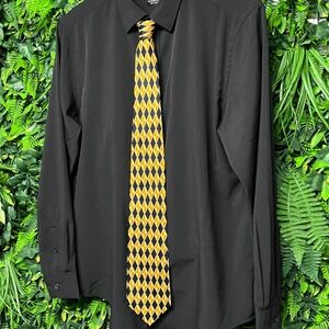 VTG Christian LeCravatte Tie Men Italy‎ Silk Gold Black Diamond Geometric 3133
